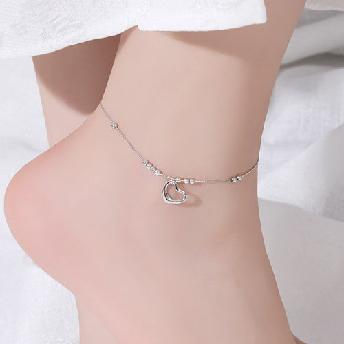 Sterling Silver Box Chain Anklet with Hollow Heart Design