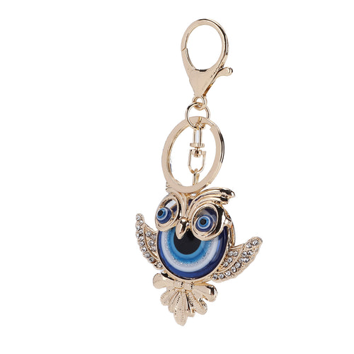 Rhinestone Keychain with Owl Blue Turkish Evil Eye Pendant
