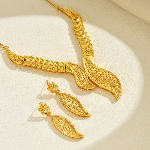 Trendy Bridal Jewelry Set - Openwork Metal Leaf Necklace
