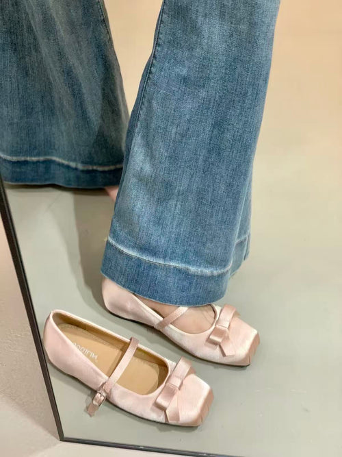 Women French Gentle Satin Ribbon Bow Mary Jane Flats