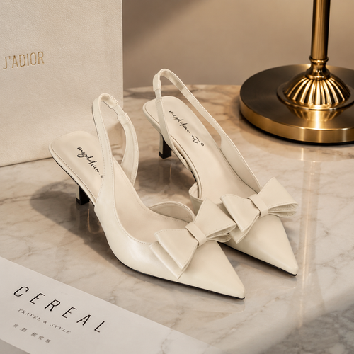 Women French Romantic Front Bow Slingback Stiletto Heels