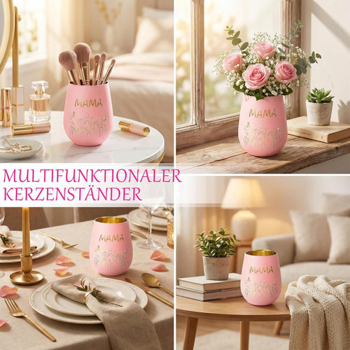 Pink Glass Candle Holder – Lantern-Shaped with MAMA Engraving