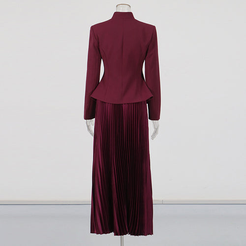 Embroidery Stand Collar Blazer & Pleated Midi Skirt Set