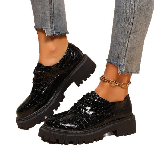 Lace-up Casual Round-toe Thick-soled Wedge Leather Shoes