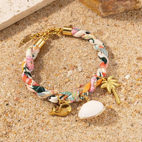 Colored Fabric Fan-shaped Seashell Gold Necklace & Bracelet Set