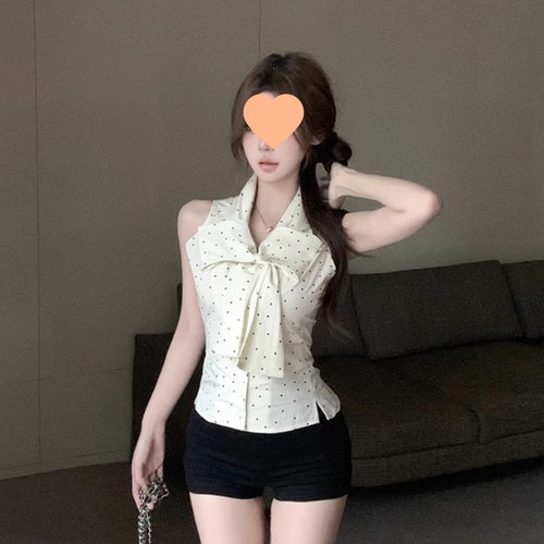 Bow-tie Polka-dot Sleeveless Chiffon Blouse for Women