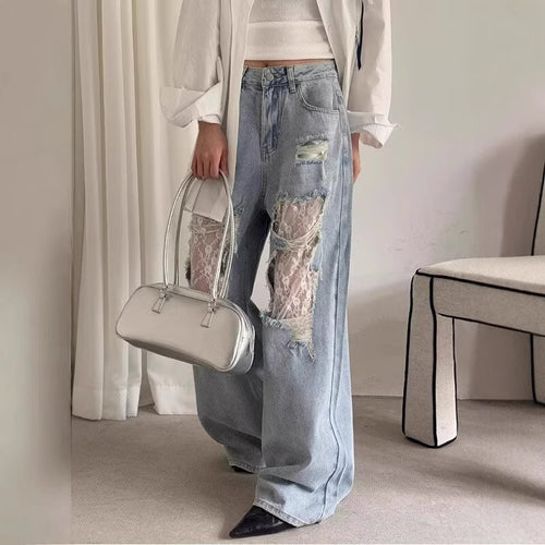 Women's Vintage Lace Stitching Ripped Jeans for Effortless Style