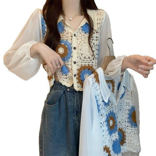 Lace Long-sleeve Chiffon Blouse - French Style Cardigan