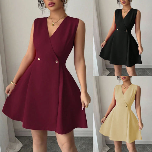 Double-breasted Pleated Sleeveless A-line Mini Dress