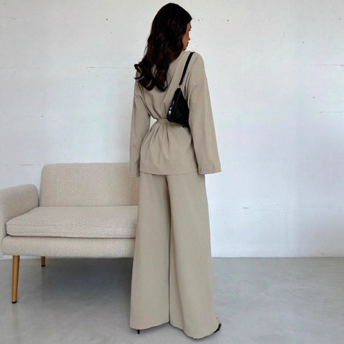 Women's V-Neck Long Sleeve Top and Wide Leg Pants Set