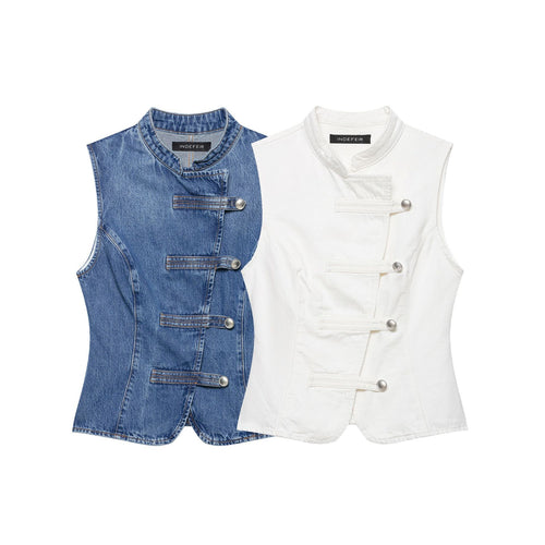 Knot-front Sleeveless Denim T-Shirt Vest for Casual Style