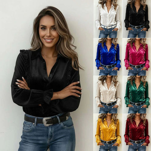 Casual Velvet Lapel-Button Long-Sleeve Shirt for Women