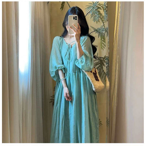 Artistic Solid-color V-neck Loose-fit Midi Dress