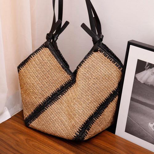 Striped Straw Versatile Handmade Woven Bag - Large Capacity