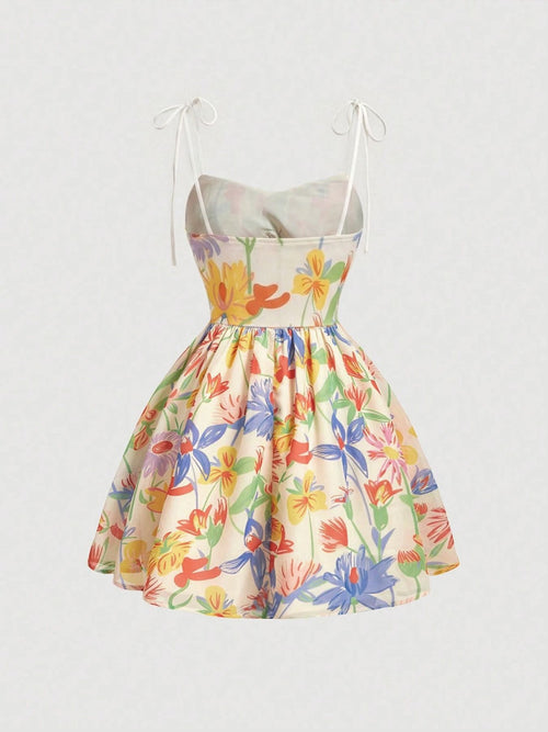 Fitted-Waist Lace-Up Floral-Print Slip Dress for Ladies
