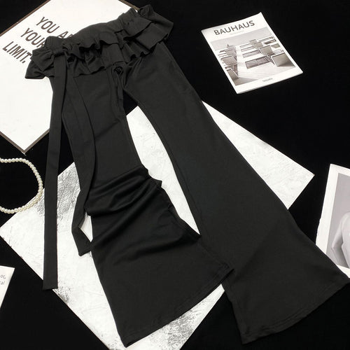 Fake Two-piece Bow-tie Lace-up Low-rise Flared Pants for Women