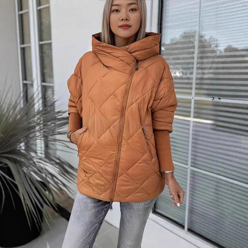 Hooded Zip-up Jacket - Chic Patchwork Design Trench Coat