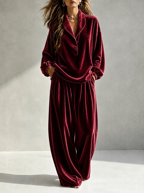 Trendy Collar Long-sleeved Top & Trousers Casual Suit