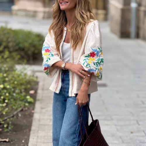 Early Autumn Loose-Fit Embroidered Jacket Top - Crop Top Style