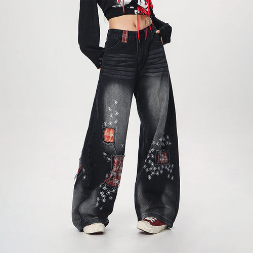 100% Cotton Washed Denim Jeans with Ripped Patches