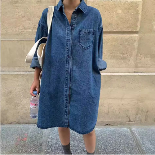 Womens Retro Casual Long-Sleeve Lapel Shirt Dress