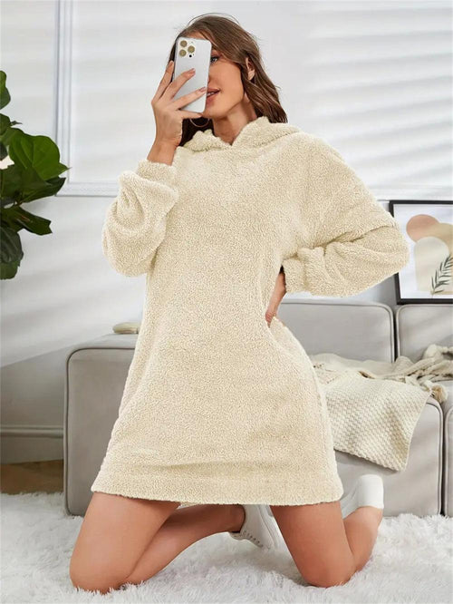 Womens Hooded Long-sleeve Plush Dress for Comfort