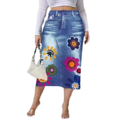 Denim-look Floral-print Bodycon Mini Skirt for Women