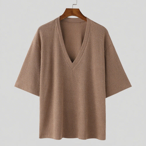 Mid-sleeved Ribbed Knitted Stretchy Loose-fit V-neck T-shirt