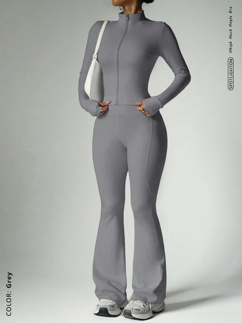 Womens Solid-Color Casual Sports Yoga Long-Sleeve Set