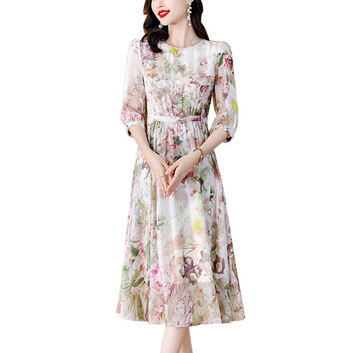 Western-style Relaxed-fit Midi Dress with Three-quarter Sleeves