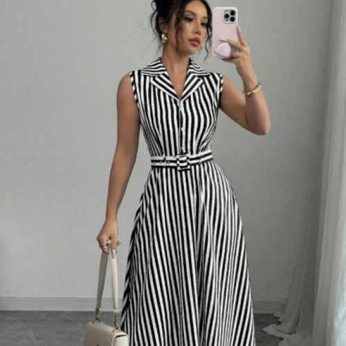 Womens Striped Waist-Cinching Elegant Maxi Dress
