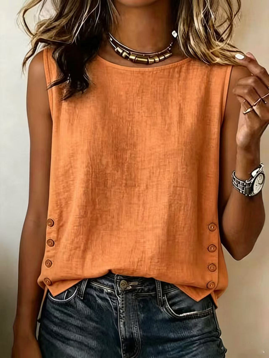 Womens Round-neck Casual Loose-fit Solid-color T-shirt