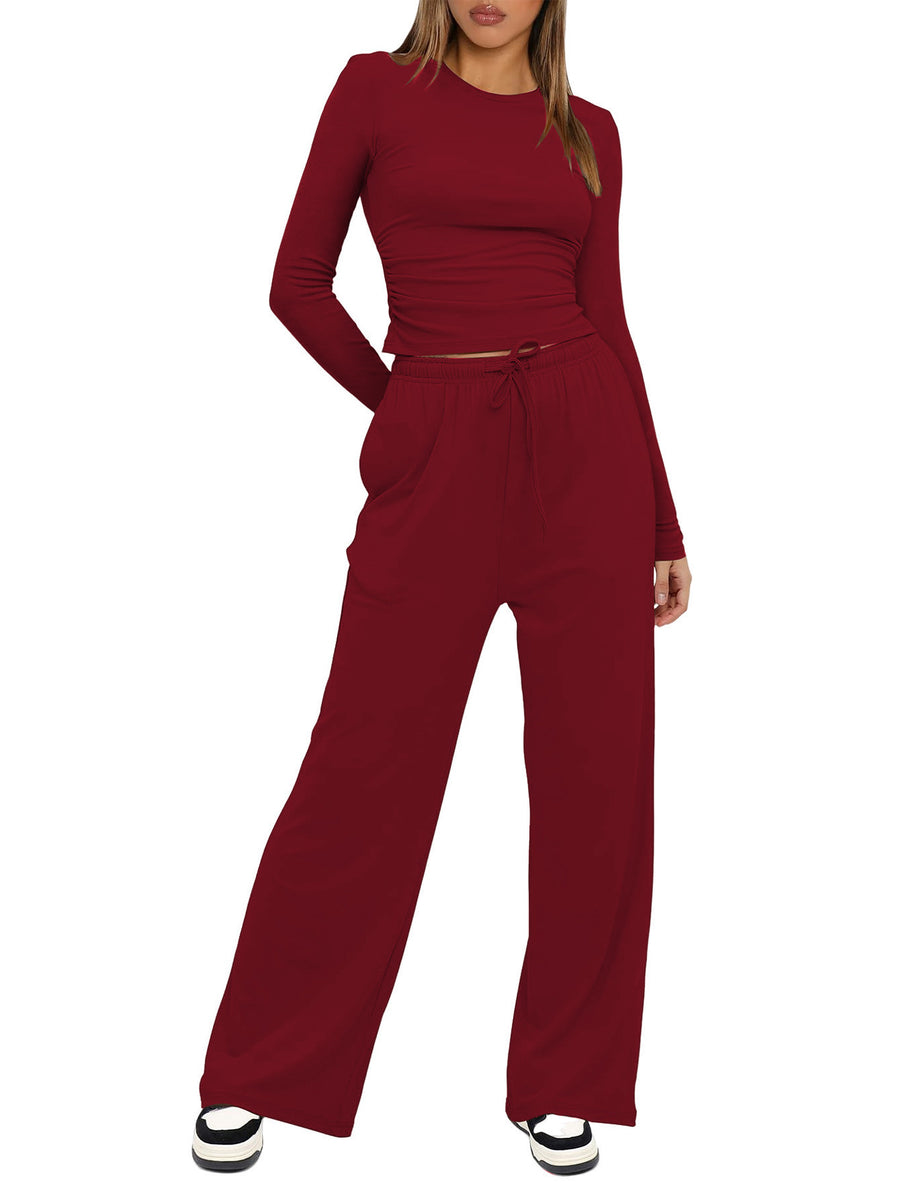 Solid-color Casual Long-sleeve Top & Wide Leg Pants Set