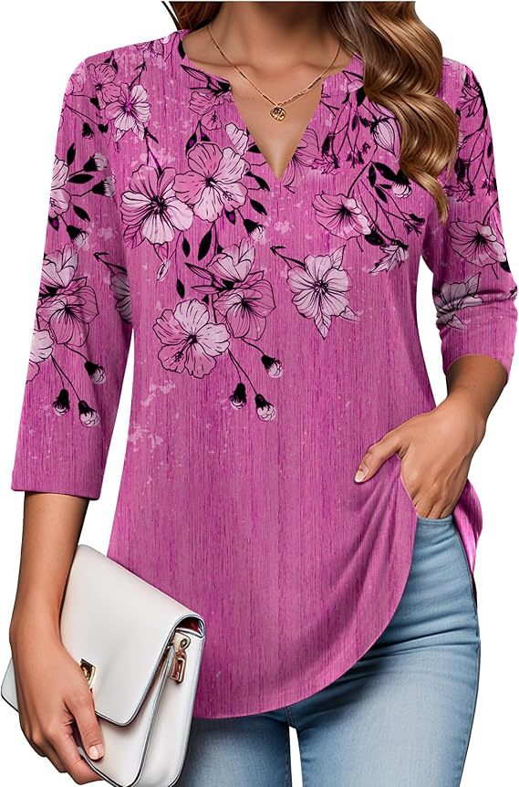 Womens Digital-Print Mid-Sleeve V-Neck Top - Trendy Tank Top