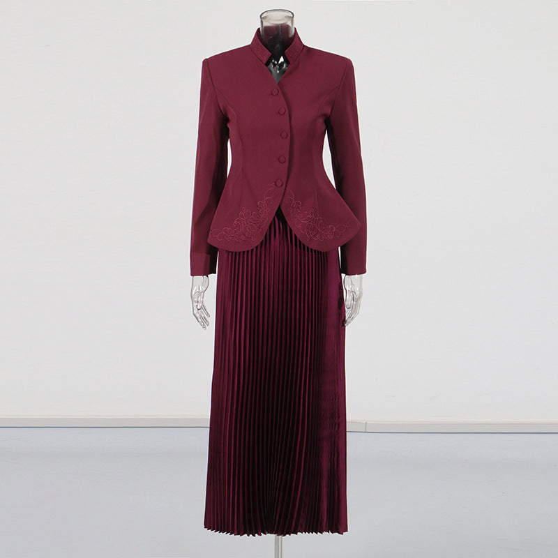 Embroidery Stand Collar Blazer & Pleated Midi Skirt Set