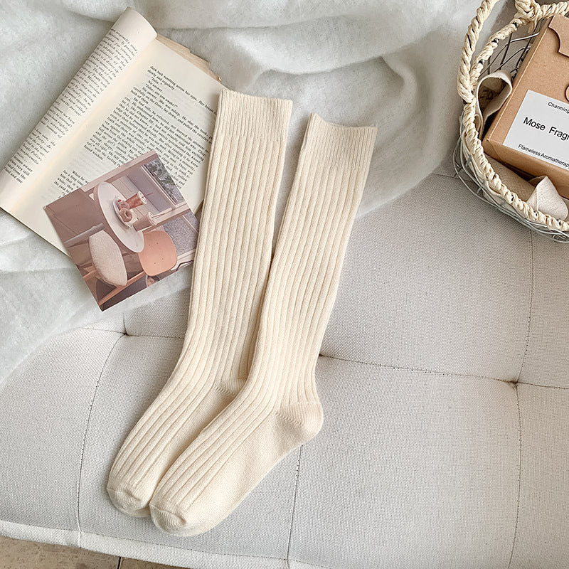 Solid-color Vertical-striped JK-style Long Socks for Women