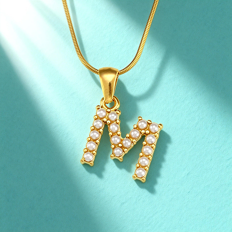 18K Gold Pearl 26-Letter Necklace for Women