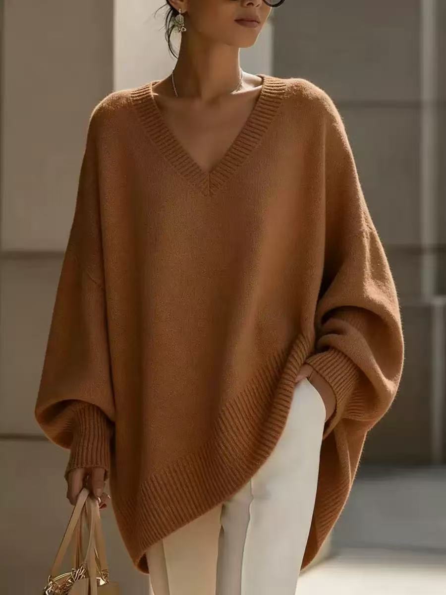 Solid-color Long-sleeve V-neck Sweater Dress for Women