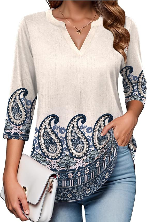 Womens Digital-Print Mid-Sleeve V-Neck Top - Trendy Tank Top