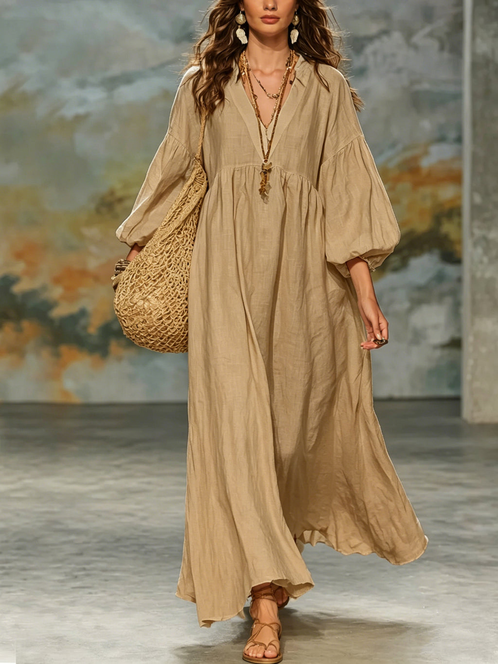 Deep-V Lantern-Sleeve Loose-Fit Flared Dress for Women