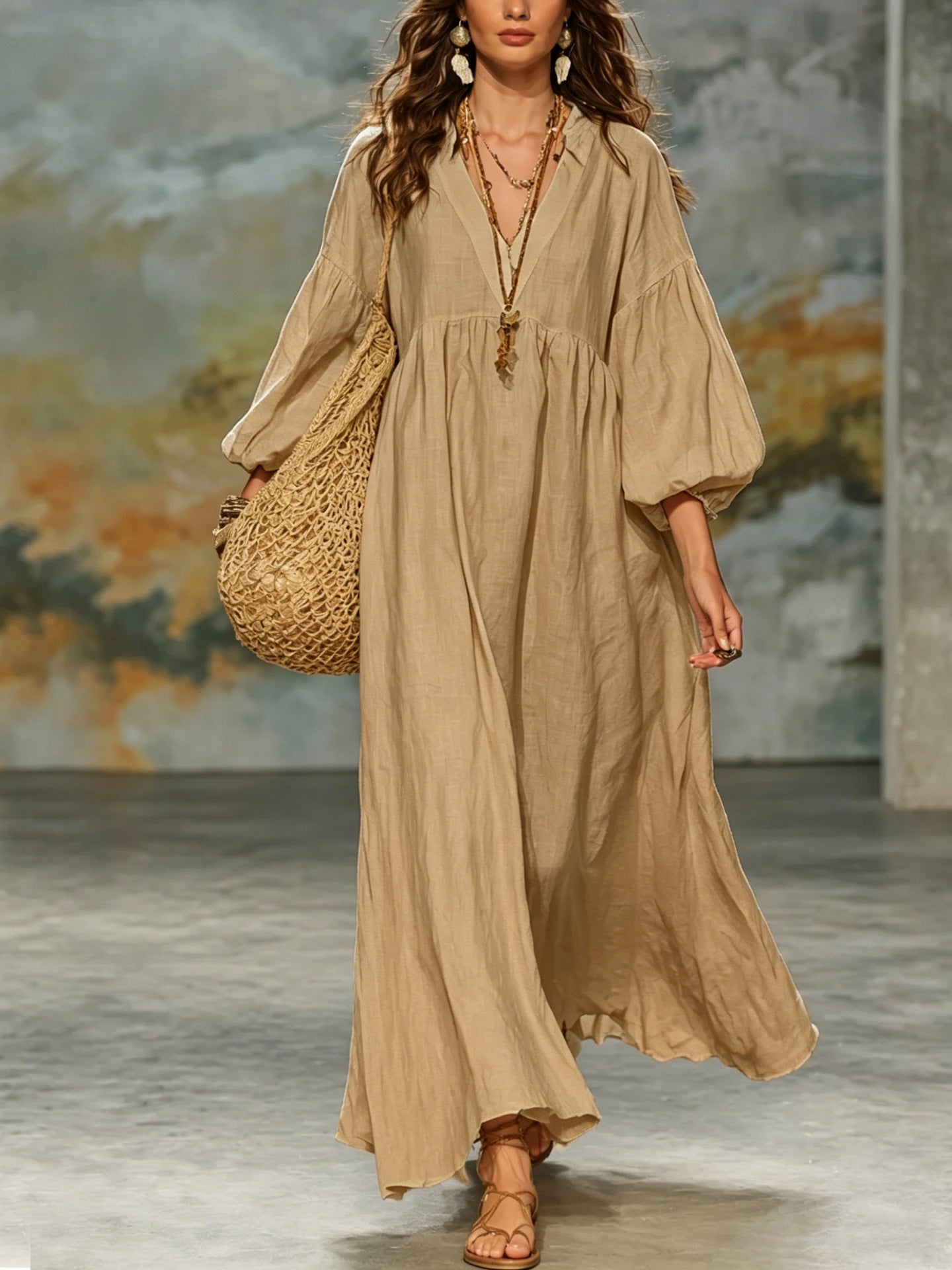 Deep-V Lantern-Sleeve Loose-Fit Flared Dress for Women