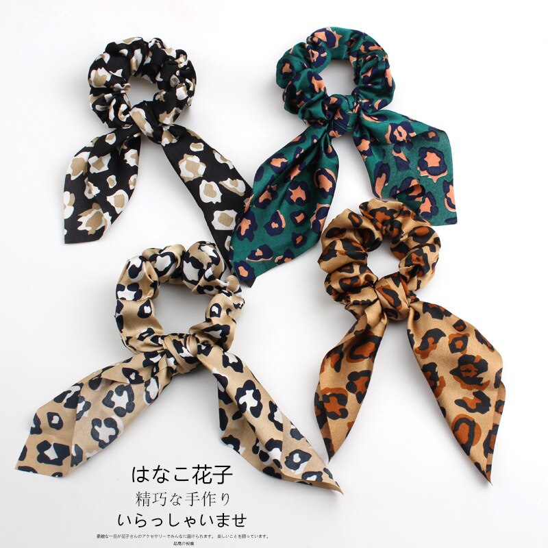 4Pcs Leopard Snake Floral Streamers Scrunchies for Women