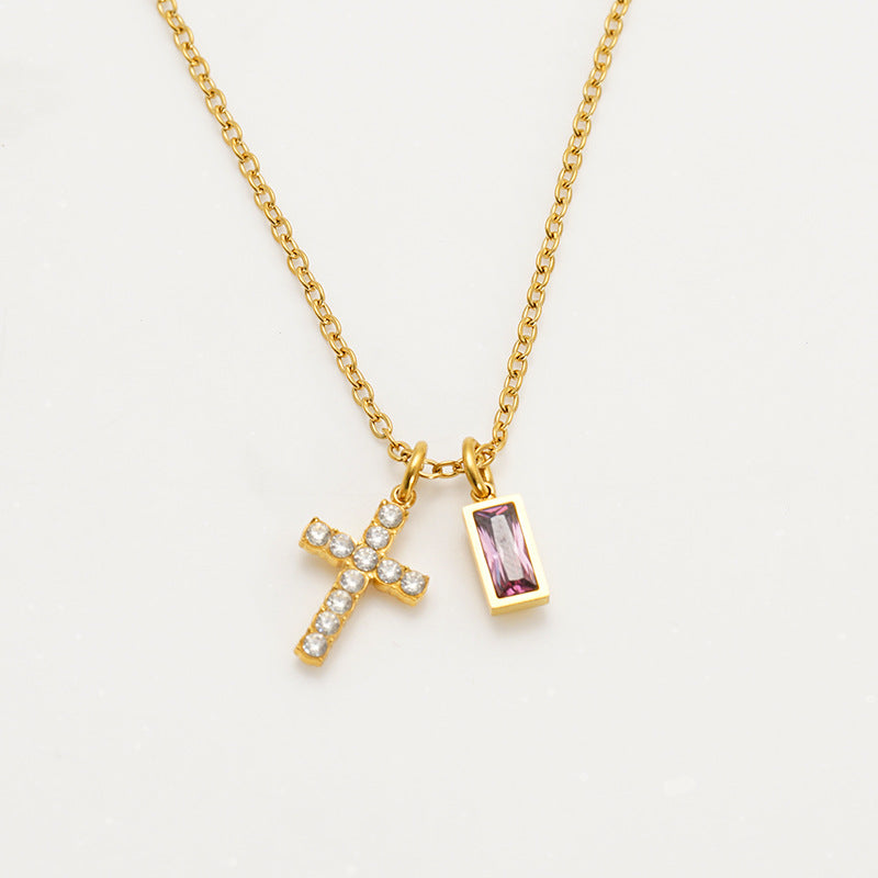Minimalist Cross Choker Necklace with December Birthstone
