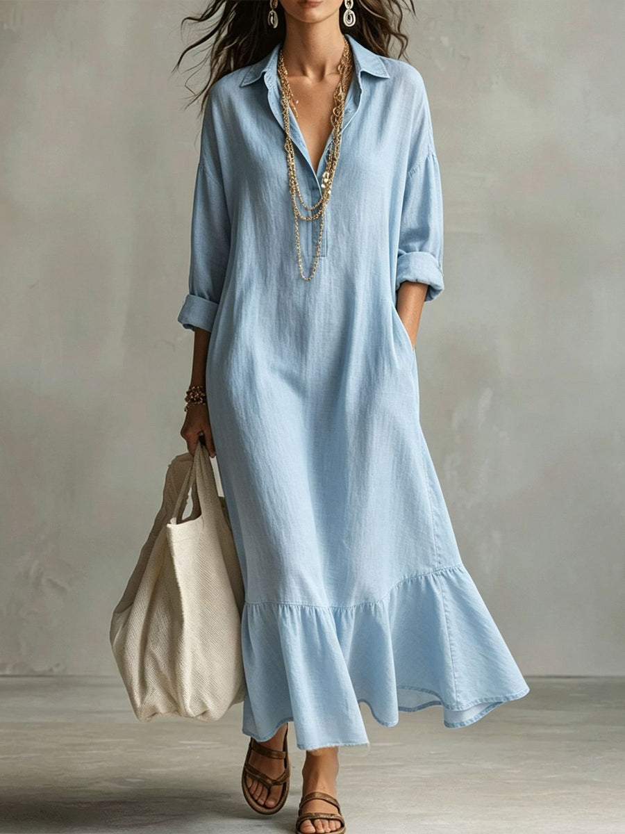 Turn-down Collar Fishtail Casual Loose-fit Shirt Dress