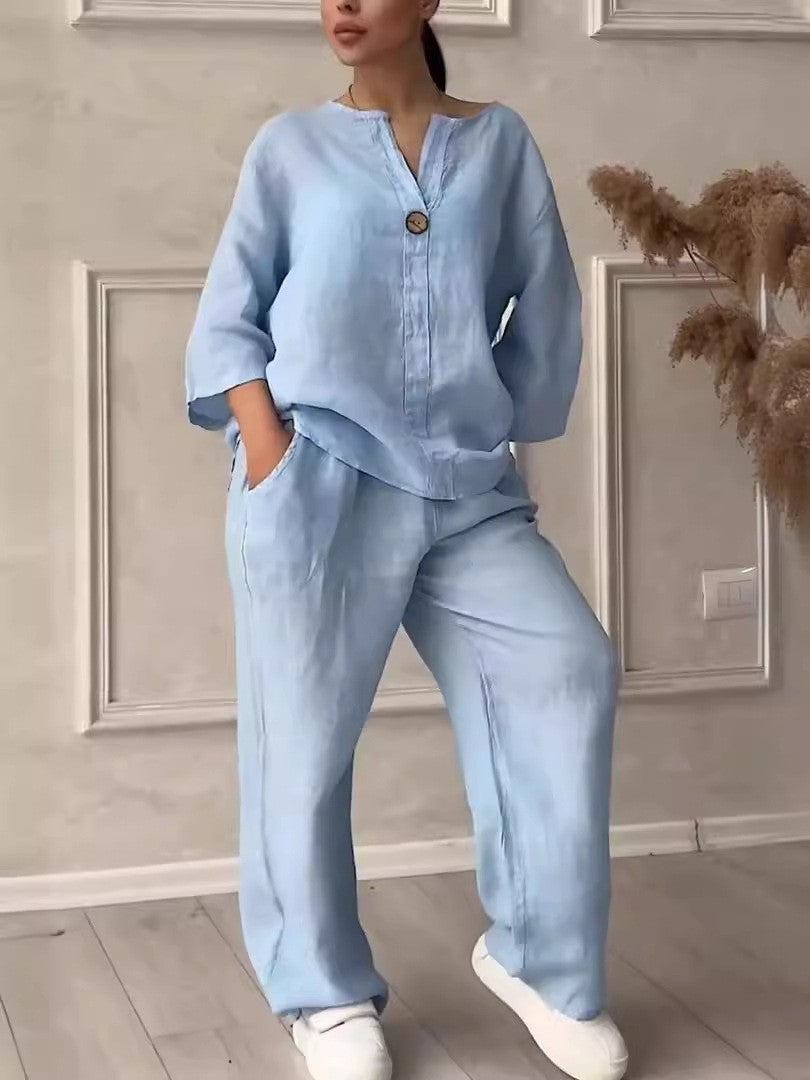 Relaxed-fit Top And Wide-leg Pants Casual Cotton-linen Set