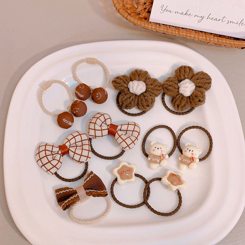 Milk Coffee Color Hair Ties for Girls - Floral Pattern Set