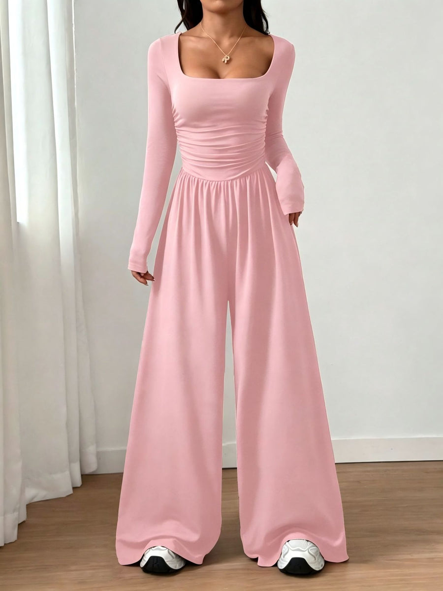 Long-sleeve Square-neck Casual Wide-leg Jumpsuit