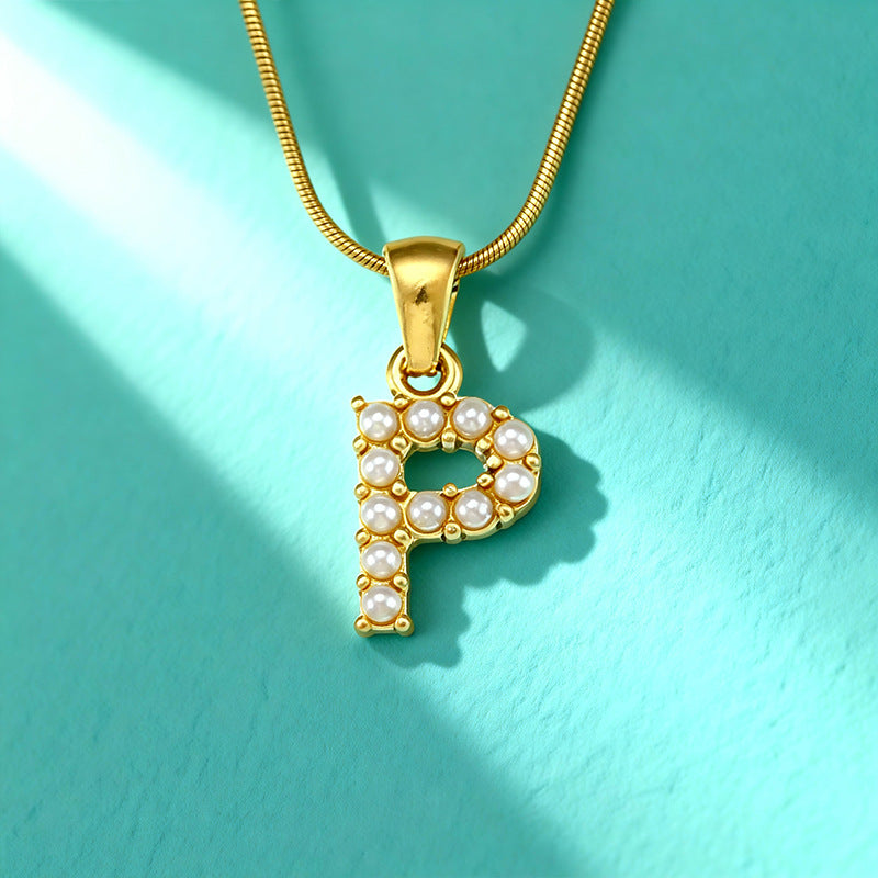 18K Gold Pearl 26-Letter Necklace for Women