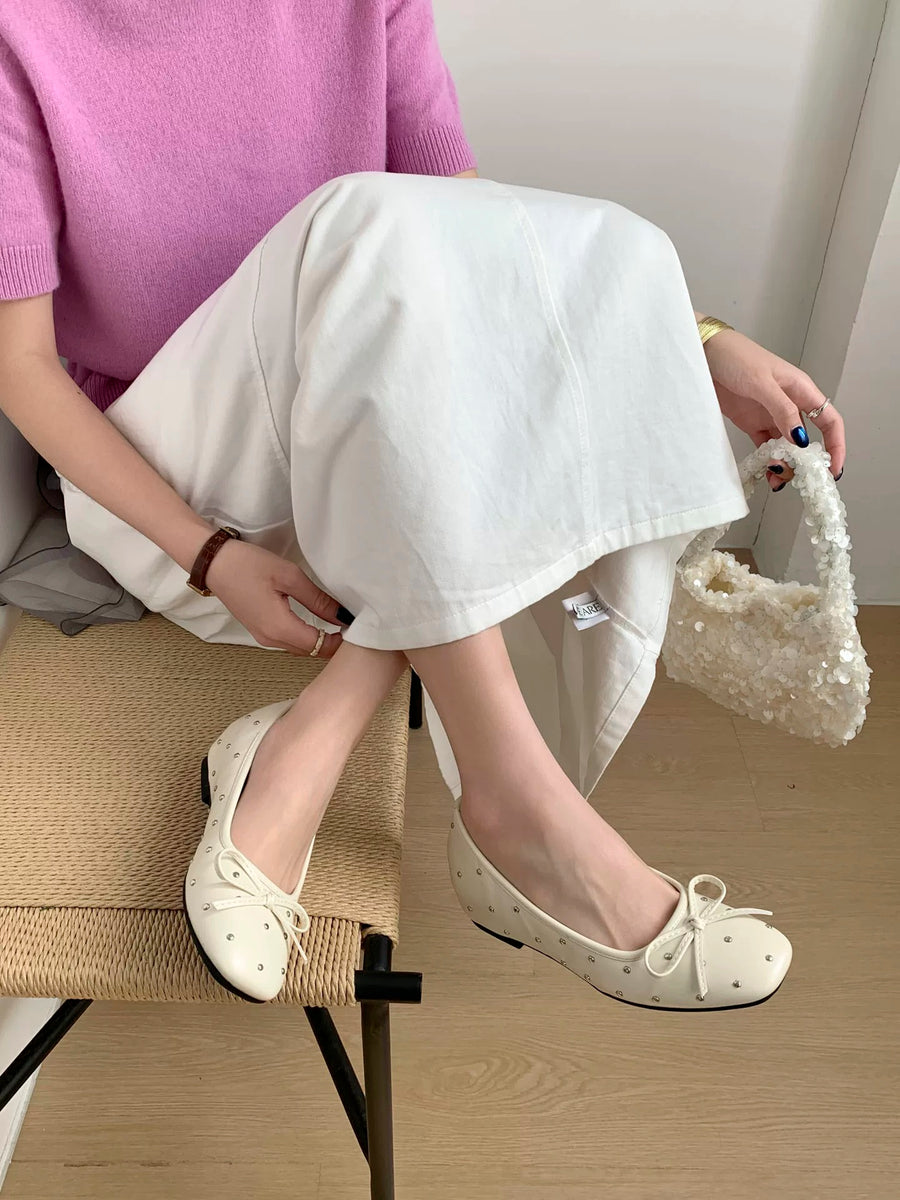 Women Vintage Rivet Bow Flat Shoes – Comfortable Driving Shoes