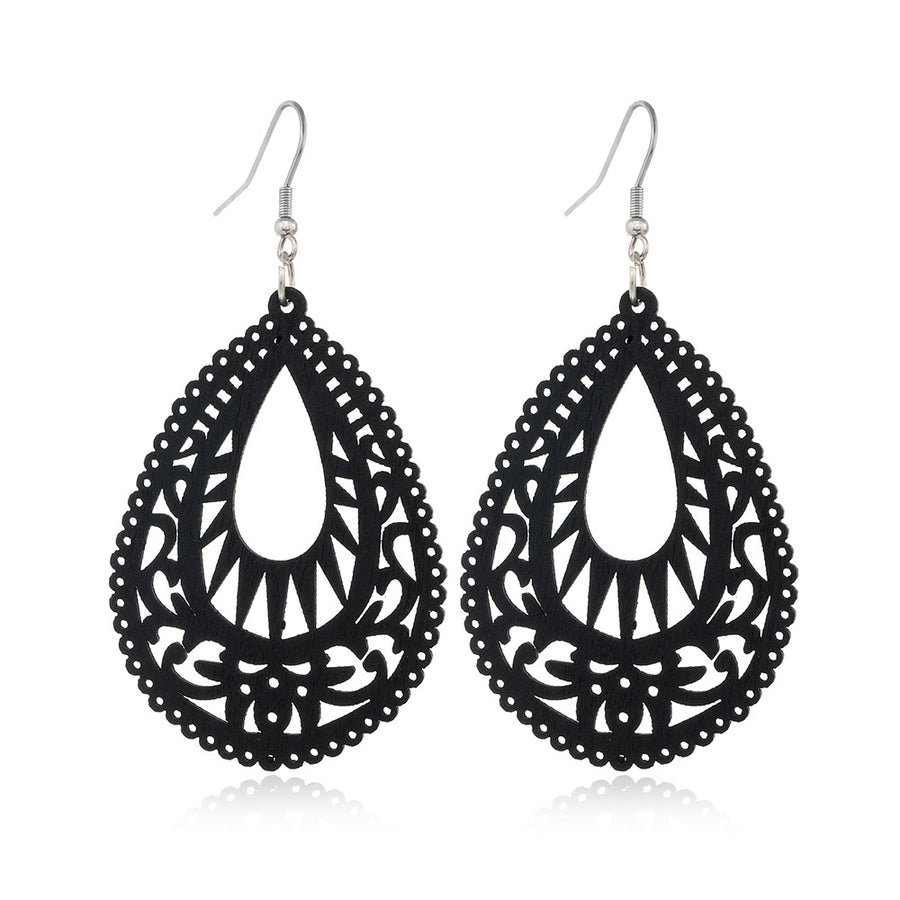 Black Hollow-Out Wooden Earrings - Trendy Statement Jewelry